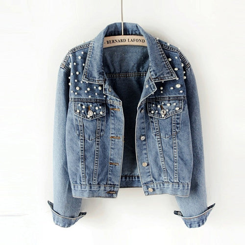 Pearl Beading Short Denim Jacket