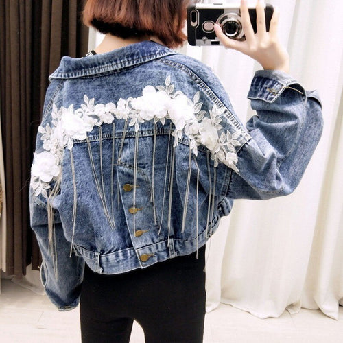 Flower Embroidery Denim Bomber Jacket