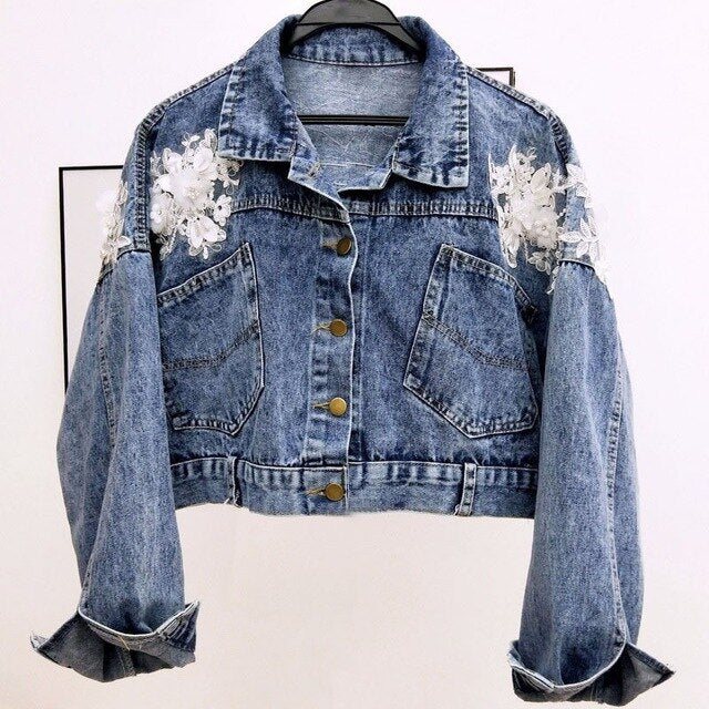 Flower Embroidery Denim Bomber Jacket